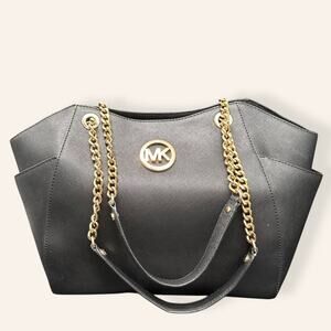 Michael Kors Jet Set Black Saffiano Leather Gold Chain Shoulder Bag